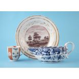 Derby sauce boat, coffee cup circa 1770, one painted with an under glaze blue landscape, the other