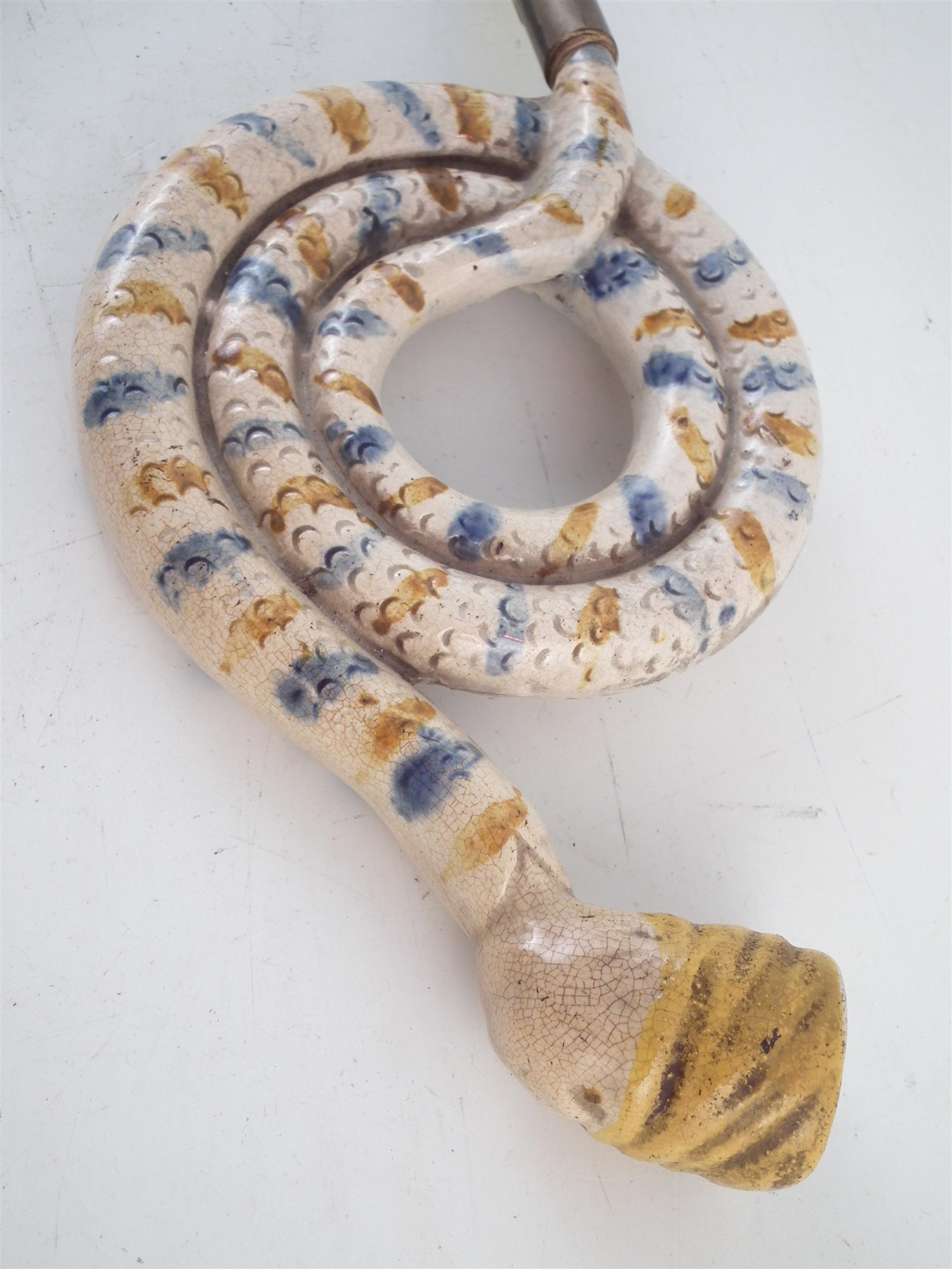 Pratt ware coil snake pipe circa 1800 , painted with blue and ocre glazes, 23cm wide For a condition - Image 2 of 6