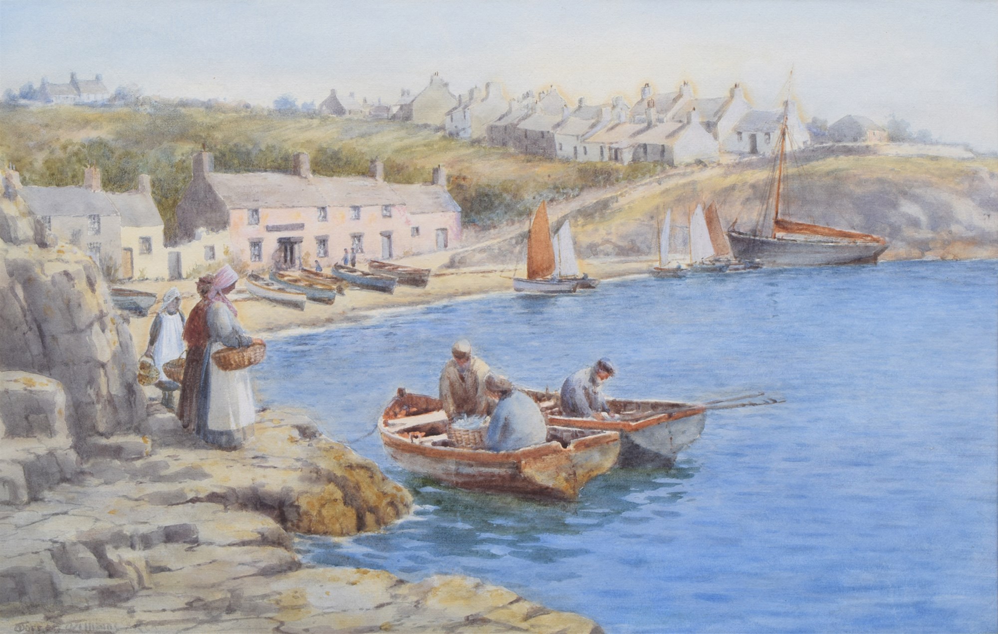 Warren Williams A.R.C.A. (1863-1918), Fishermen in the harbour, signed, watercolour, 32.5 x 53cm,