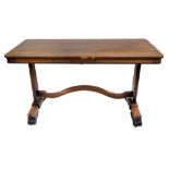 Victorian rosewood library table, rectangular top with rounded corners above 1.5in frieze, decorated