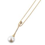 Pearl and diamond set 18ct yellow gold drop pendant , the grey-pink cultured pearl measuring approx.