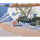 Andrew Macara (1944-), "Lilies and Geraniums, Santorini", signed and dated 2002, titled on label