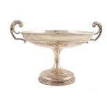 Twin-handled silver centre dish by Walker and Hall , plain polished circular body on tapered stem