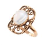 Moonstone solitaire yellow gold ring , oval cabochon cut moonstone approx. 9mm x 7mm, bezel set to