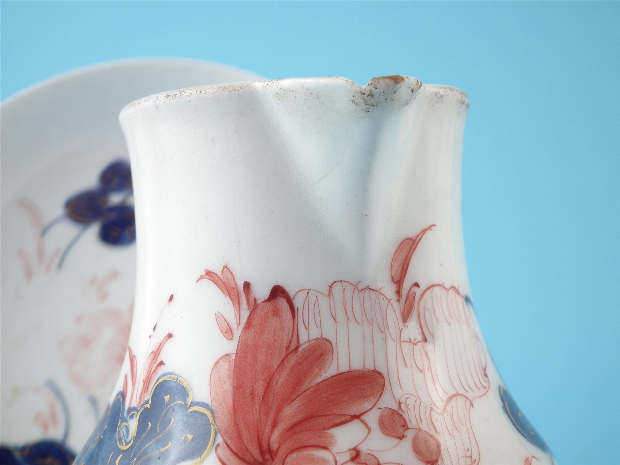 Bow jug and a saucer circa 1755 , painted with flora in an imari palette, both have 'W' marks to - Image 2 of 6
