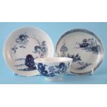 Two Liverpool Chaffers saucers and a tea bowl circa 1760-1765, painted with a Chinese landscape