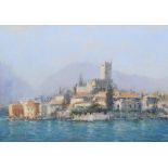 Marc Grimshaw (1957-), Italian coastal town with castle, signed, pastel, 42.5 x 60cm, 16.75 x 23.