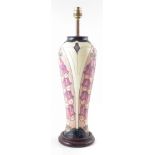 Moorcroft lamp, decorated with foxgloves pattern after Rachel Bishop, with Moorcroft shade, 36cm