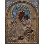 A 19th century Russian cloisonné icon of the Virgin and Child. The gilt metal oklad is embellished