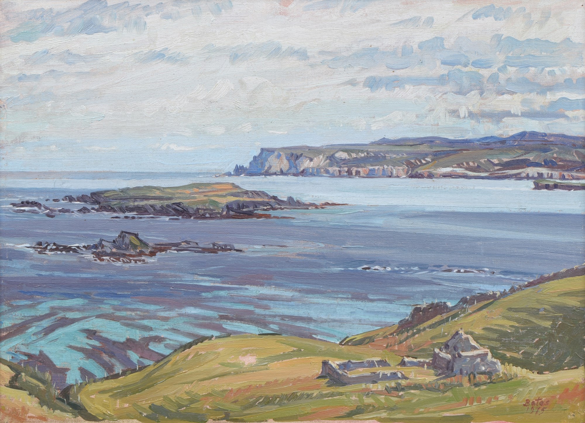 Bates, 20th century, Coastal scene, signed and dated 1975, oil on canvas, 29.5 x 39.5cm, 11.5 x 15.