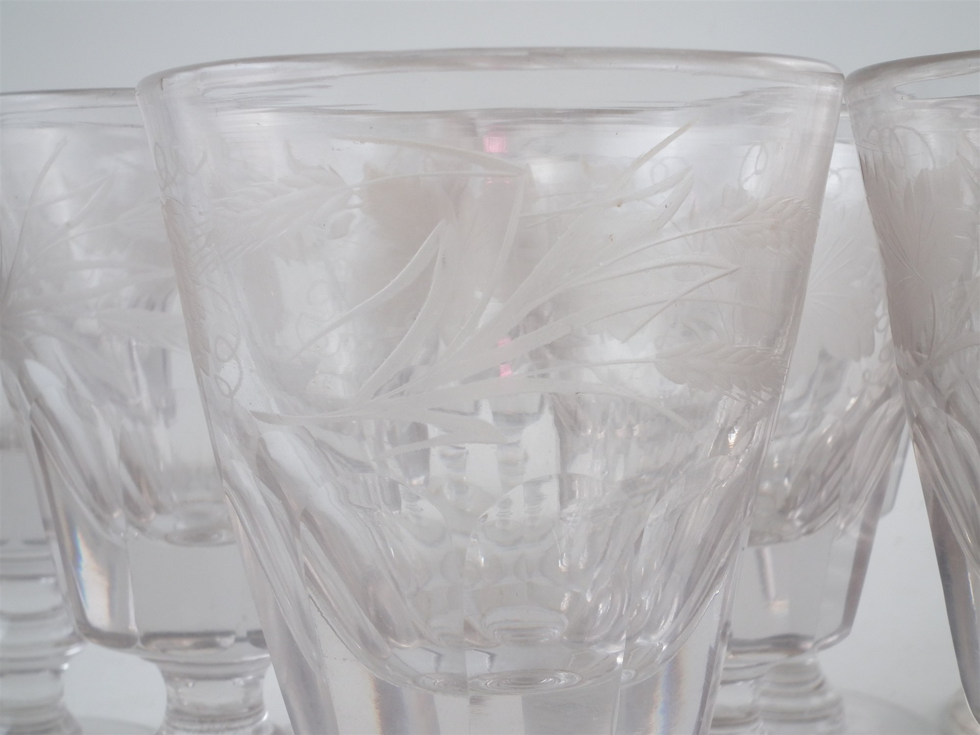 Nine mid 19th century ale glasses , the bowls engraved with hops, leaves and barley, 12.5cm high For - Image 2 of 4
