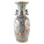 Large Chinese famille rose twin handled vase, with figures in landscapes painted in blue on raised