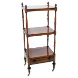 Victorian rosewood veneered three stage what-not, each rectangular shelf supported on turned