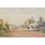 Joseph Hughes Clayton (exh.1891-1929), Coastal view with cottages, signed, watercolour, 31.5 x 48cm,