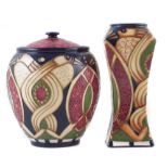 Moorcroft lidded vase and a square section vase, decorated with Staffordshire Gold pattern after