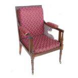 Late 19th century regency design library chair, reeded mahogany frame with cane panels to back