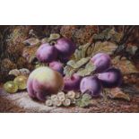 Oliver Clare (1853-1927), Still life with plums and gooseberries, signed, oil on board, 14 x 21.5cm,