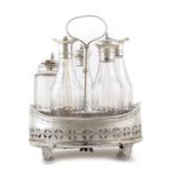 A Victorian silver and glass five-piece cruet set and stand , 5 original plain glass faceted