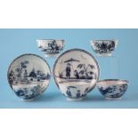 Two Liverpool James Pennington tea bowls and saucers circa 1767-1770 one painted with figures, the