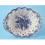 Caughley small size basket circa 1780, printed with Pine Cone pattern in under glaze blue, 'C'