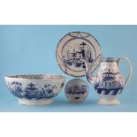 Pearlware coffee pot base, bowl plate and a saucer circa 1780, painted with pagoda scenes in under