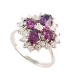 18ct white gold sapphire and diamond flower head cluster ring , flower head comprising 4 pink-purple