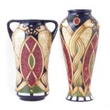 Two Moorcroft vases decorated with Staffordshire Gold pattern after Alicia Amison, one with red