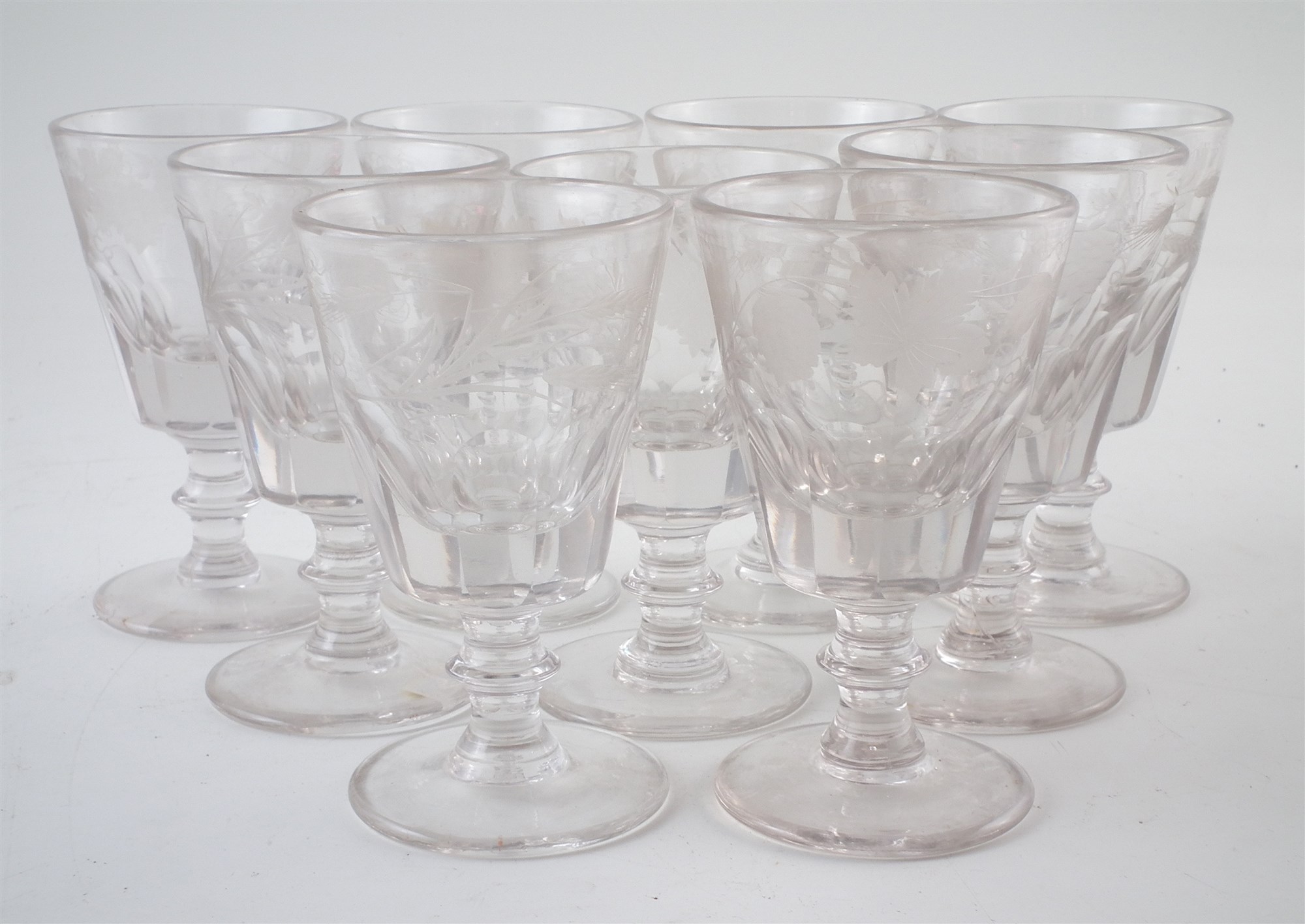Nine mid 19th century ale glasses , the bowls engraved with hops, leaves and barley, 12.5cm high For - Image 4 of 4