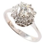 Diamond 18ct white gold cluster ring , flower head design cluster comprising central brilliant cut