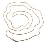 9ct yellow gold muff chain , round box link chain measuring approx. 156cm, lobster claw and loop