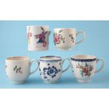 Four Liverpool Christian's coffee cups and a coffee can circa 1770, three painted with floral