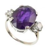 Amethyst and diamond 18ct gold 3-stone ring , central oval amethyst measuring approx. 16mm x 12mm, 2