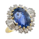 Sapphire and diamond fancy oval cluster ring , the large bright mid-blue oval sapphire approx.