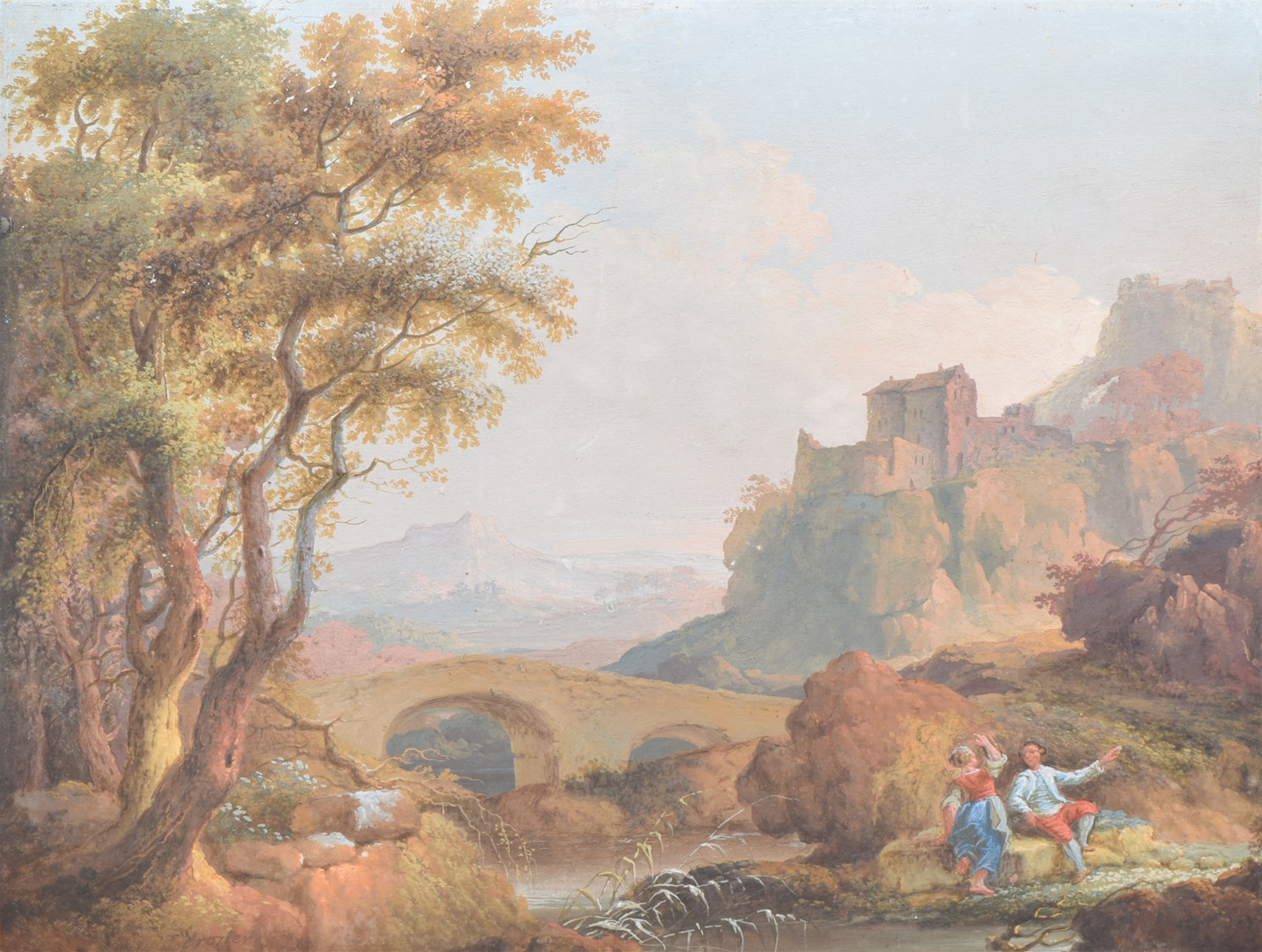 Crozier, 19th century, Expansive river landscape with figures in the foreground, signed, gouache,