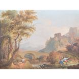 Crozier, 19th century, Expansive river landscape with figures in the foreground, signed, gouache,