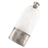 Victorian silver and glass spirit flask , plain glass white body, silver base with monogrammed