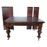 Victorian wind-out dining table, top section with ogee mould, three loose leaves all standing on