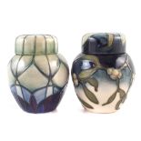 Two small Moorcroft Ginger Jars, decorated with Indigo pattern after Emma Bossons, and Mistletoe