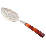 Dutch 833 standard silver fish slice with banded agate handle , pierced lattice design and scroll