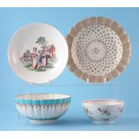 Worcester plate, saucer dish and two bowls circa 1765 - 1780, the saucer dish printed with The