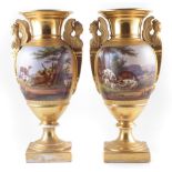 Pair of Paris Porcelain Empire period vases, with twin sphinx handles, painted with hunting scenes
