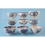 Nine Liverpool tea bowls , circa 1770 - 1790, three by Christians, the rest by Penningtons, (9)