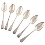 6 Georgian silver table spoons , plain polished with two crests engraved to handles, one of a fist