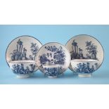 Three Caughley tea bowls and saucers circa 1780, two printed with Mother and Child pattern, the