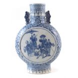Chinese moon flask, with twin handles , painted with figures in under glaze blue, late 19th