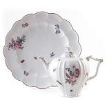 Meissen teapot and a Chelsea plate, decorated with insects and flowers, 18th century (3) The plate