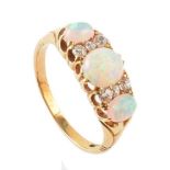 Opal 3-stone and diamond set boat head 18ct gold ring , 3 oval cabochon cut precious opals (centre