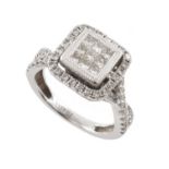 Diamond and 14ct white gold fancy cluster ring , square shaped head comprising 9 princess cut square