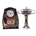 Moorcroft clock, decorated with Queen’s Choice pattern, also a Trial bonbonniere decorated with a