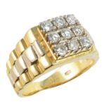 Diamond set 18ct gold gent's signet ring , square head comprising 9 small brilliant cut diamonds,